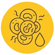 Cartoon illustration of several round smiling faces clustered together inside a yellow circle, with a drop shape on the right.
