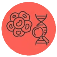 Circle icon with a coral gradient showing a DNA double helix next to a cluster of interconnected circles representing a molecular structure
